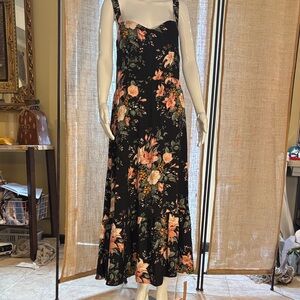 Reformation Black Maxi Dress with Peach and Green Floral Print